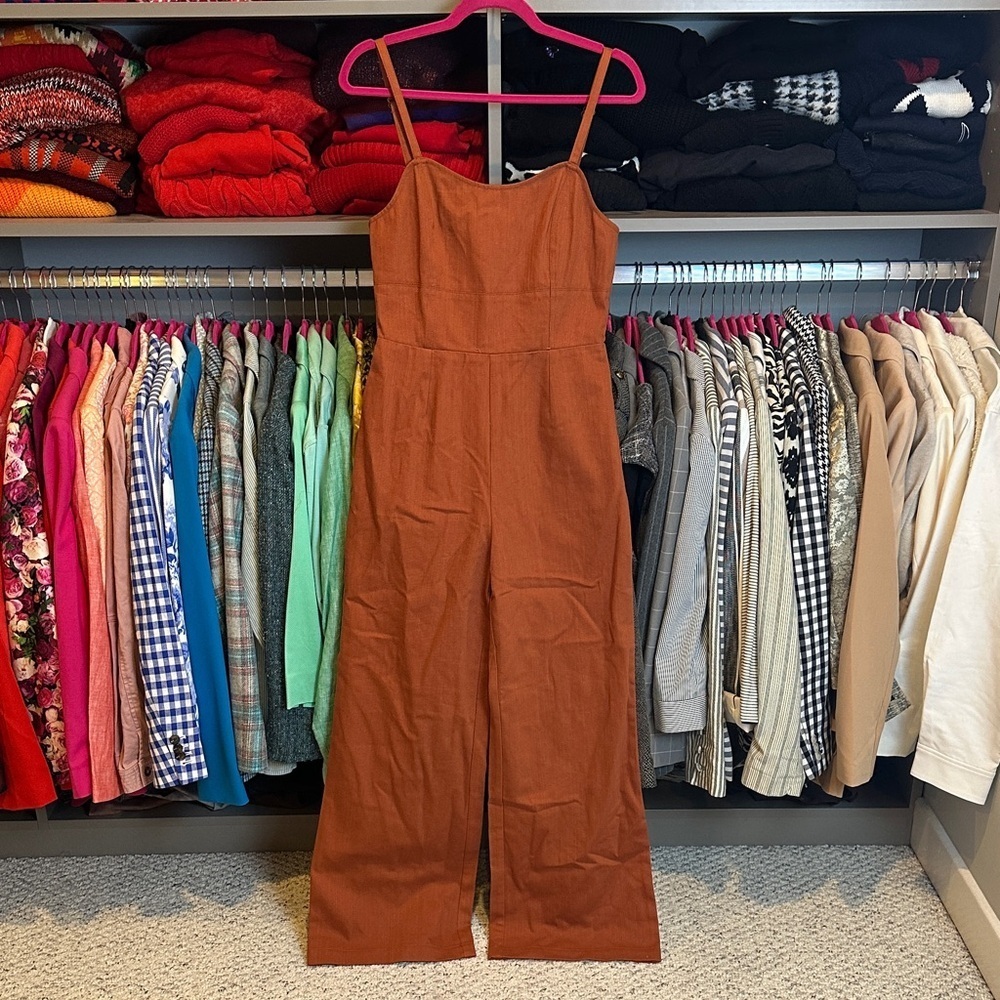 Sage The Label brown smocked adjustable strap wide leg jumpsuit size S NWT